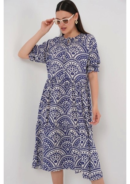 Kısa Kol Desenli Elbise 2553 - Indigo
