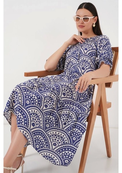 Kısa Kol Desenli Elbise 2553 - Indigo