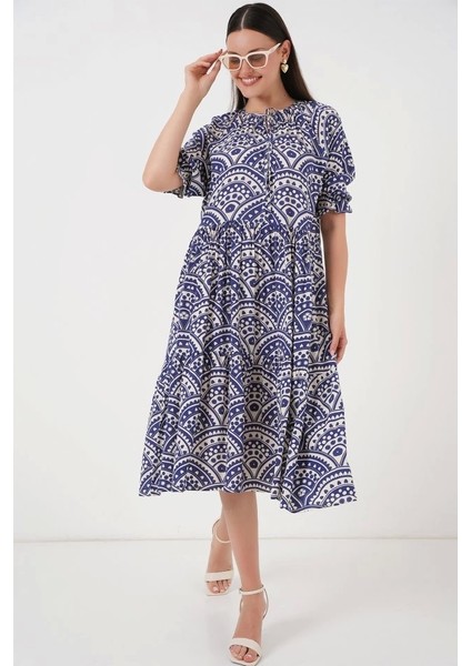 Kısa Kol Desenli Elbise 2553 - Indigo