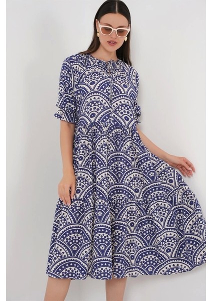 Kısa Kol Desenli Elbise 2553 - Indigo