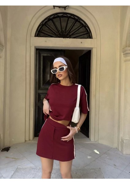 Osy Modal Yumuşak Dokulu Kumaş Kadın Parçalı Bisiklet Yaka T-Shirt Mini Şortlu Etek Ikili Takım -Bordo