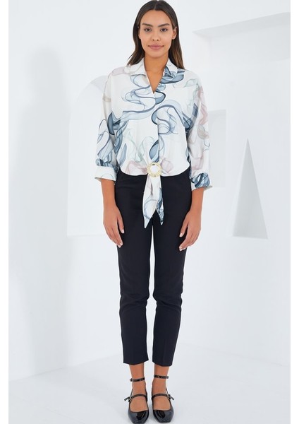 Oversize Dökümlü Crop Saten Gömlek 906 - Indigo