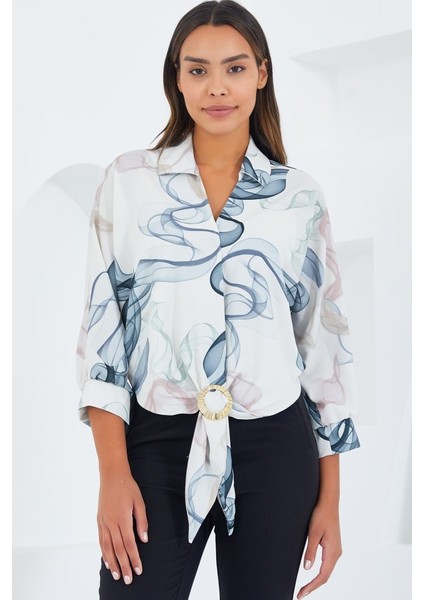 Oversize Dökümlü Crop Saten Gömlek 906 - Indigo