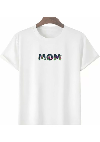 Anneler Gününe Özel Tasarım Mom Çiçek Baskılı T-Shirt - Beyaz