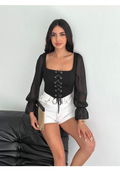 Sırt Dekolteli Bağacıklı Uzun Kollu Bluz - Siyah