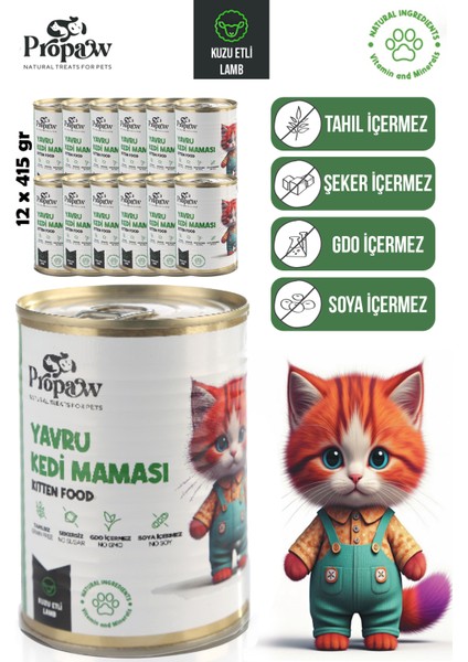 Yavru Kedi Yaş Mama Kuzu Konserve Jöleli Premium Parça Etli Besleyici Tahılsız Içerik 12 x 415 gr