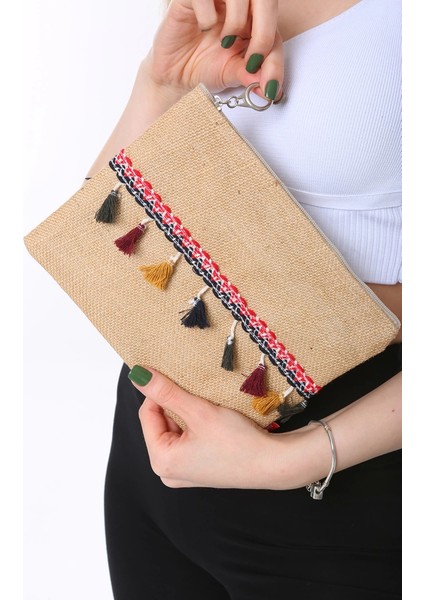 Baghashtag Vintage Pon Pon Püsküllü Jüt Clutch Bez Çanta