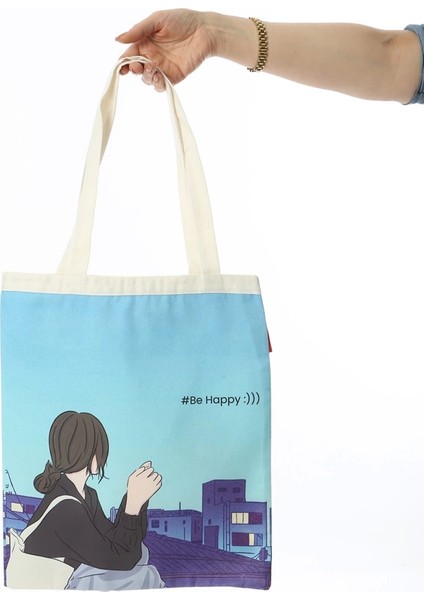 Baghashtag Anime Kız Be Happy Baskılı Bez Çanta