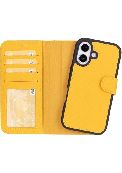 Apple iPhone 16 Uyumlu, Hakiki Deri, El Yapımı, Cüzdanlı Kılıf, Limon Sarı