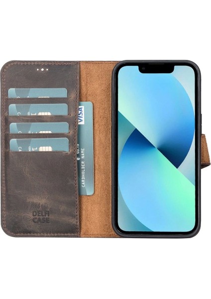Apple iPhone 13 Pro Uyumlu Deri Cüzdanlı Kılıf Acı Kahve