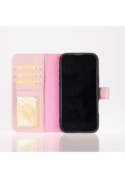 Apple iPhone 16 Pro Uyumlu, Hakiki Deri, El Yapımı, Cüzdanlı Kılıf, Toz Pembe