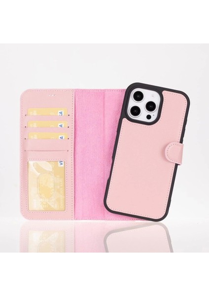 Apple iPhone 16 Pro Uyumlu, Hakiki Deri, El Yapımı, Cüzdanlı Kılıf, Toz Pembe