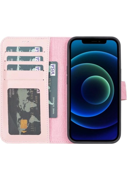 Apple iPhone 13 Pro Uyumlu Deri Cüzdanlı Kılıf Nu2 Pembe