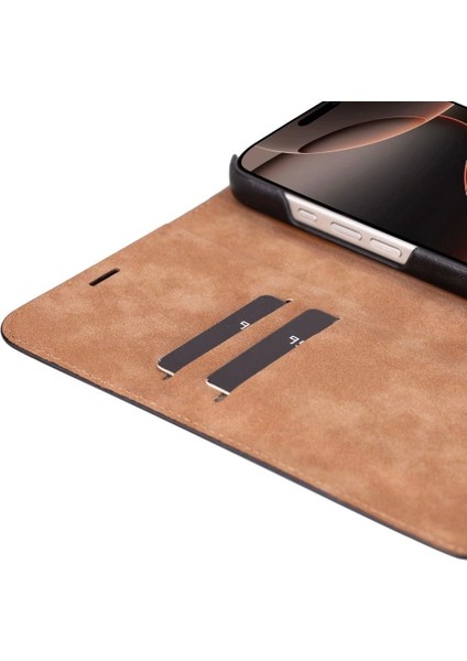 Apple iPhone 16 Pro Uyumlu, Hakiki Deri, El Yapımı, Cüzdanlı Kılıf, Parlak Siyah