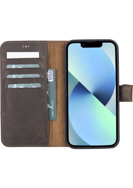 Apple iPhone 13 Pro Max Uyumlu Deri Cüzdanlı Kılıf G6 Kahverengi