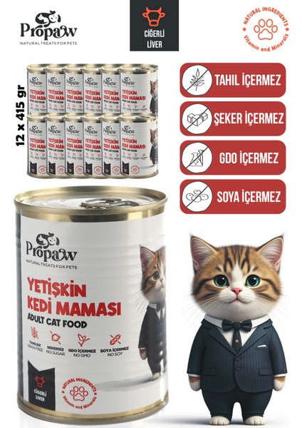 Kedi Yaş Mama Ciğerli Konserve Jöleli Premium Parça Etli Yemek Besleyici Tahılsız Içerik 12 x 415 gr