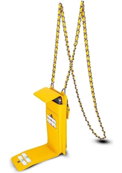 Avjin 6.9 Inch Uyumlu Deri Kılıf Cüzdan Askılı FL12 Sarı