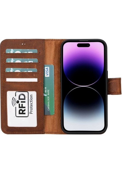 Apple iPhone 15 Pro Uyumlu Deri Cüzdanlı Kılıf Mwwn G2 Kahve