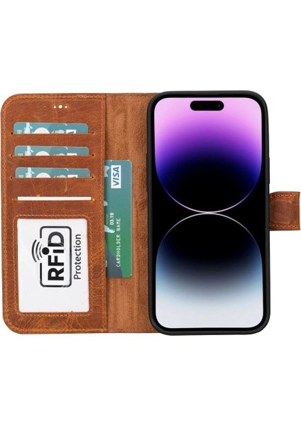 Apple iPhone 15 Plus Uyumlu Deri Cüzdanlı Kılıf Mwwn G19 Taba