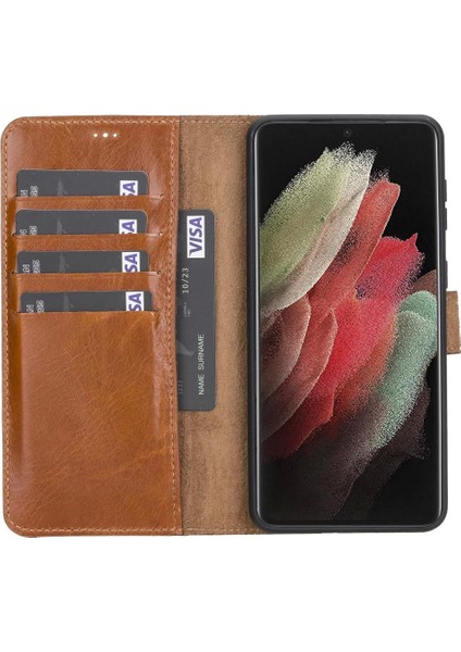 Samsung Galaxy S21 Plus Uyumlu Deri Cüzdanlı Kılıf RST2EF Taba