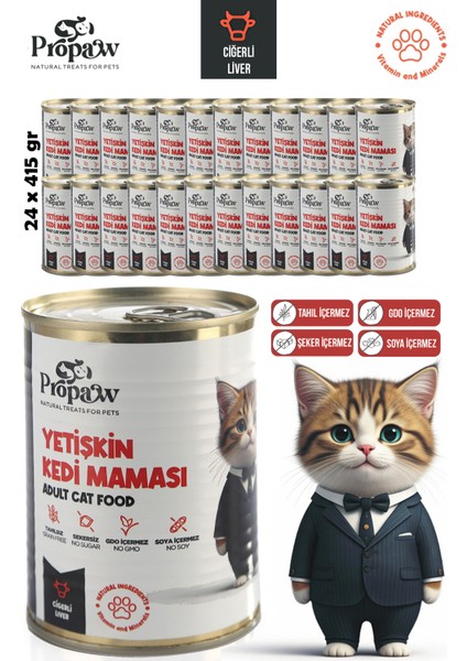 Kedi Yaş Mama Ciğerli Konserve Jöleli Premium Parça Etli Yemek Besleyici Tahılsız Içerik 24 x 415 gr