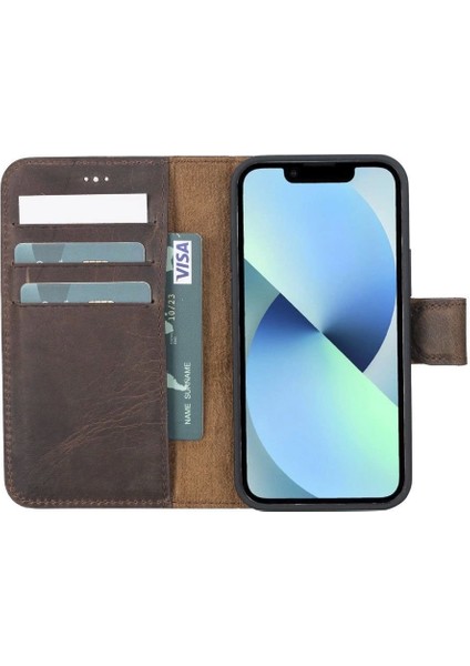 Apple iPhone 13 Mini Uyumlu Deri Cüzdanlı Kılıf G6 Kahverengi