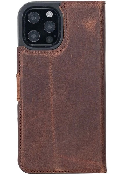 Apple iPhone 13 Pro Max Uyumlu Deri Cüzdanlı Kılıf Antik Kahve
