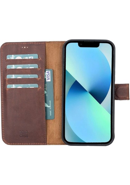 Apple iPhone 13 Pro Max Uyumlu Deri Cüzdanlı Kılıf Antik Kahve