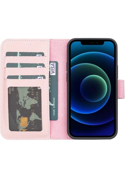 Apple iPhone 13 Mini Uyumlu Deri Cüzdanlı Kılıf Nu2 Pembe
