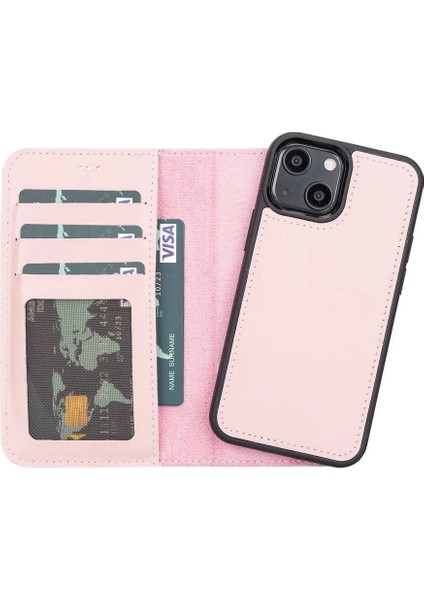 Apple iPhone 13 Mini Uyumlu Deri Cüzdanlı Kılıf Nu2 Pembe
