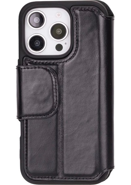 Apple iPhone 16 Pro Uyumlu, Hakiki Deri, El Yapımı, Cüzdanlı Kılıf, Parlak Siyah