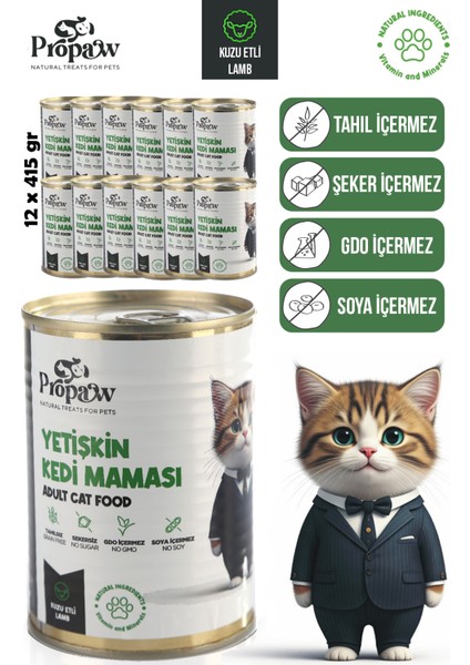 Kedi Yaş Mama Kuzu Konserve Jöleli Premium Parça Etli Yemek Besleyici Tahılsız Içerik 12 x 415 gr