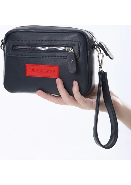 Baghashtag Lacivert Minik Unisex 3 Gözlü Deri Çanta