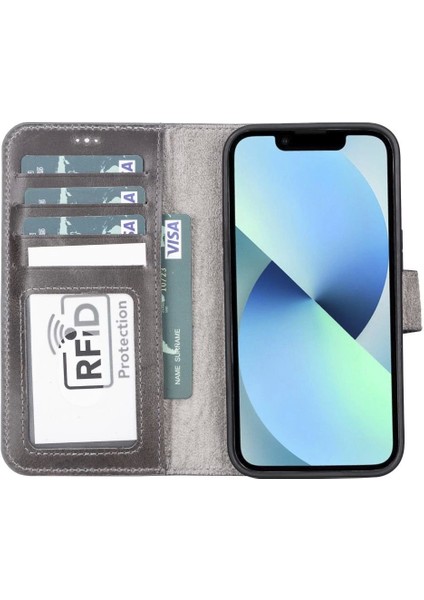 Apple iPhone 13 Pro Uyumlu Deri Cüzdanlı Kılıf Mwwn Tn1 Gri