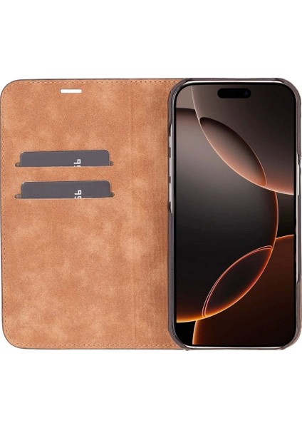 Apple iPhone 16 Pro Uyumlu, Hakiki Deri, El Yapımı, Cüzdanlı Kılıf, Antik Kahve
