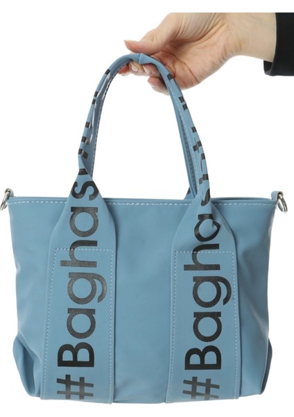 Baghashtag Mavi Mini Su Geçirmez Kulp Yazılı Tote Çanta