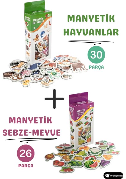 Oyuncak Manyetik Mıknatıslı 30 Parça Hayvanlar ve 26 Parça Sebze Meyveler Eğitici Set Magnet