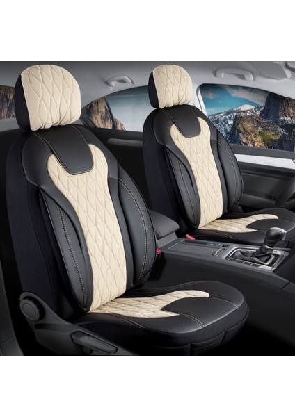 Volvo XC40 Uyumlu Lüx Yarı Deri Oto Koltuk Kılıfı Ön Arka Takım Cyrstal Bej Siyah