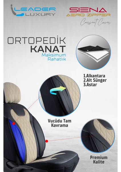 Volvo XC40 Uyumlu Lüx Yarı Deri Oto Koltuk Kılıfı Ön Arka Takım Cyrstal Bej Siyah