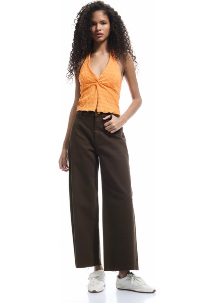Cep Detaylı Düğmeli Pamuklu Crop Geniş Paça Denim Pantolon - Culotte Jean
