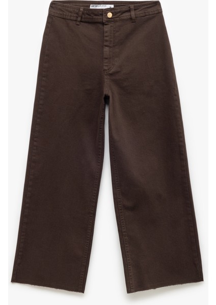 Cep Detaylı Düğmeli Pamuklu Crop Geniş Paça Denim Pantolon - Culotte Jean fırsatları