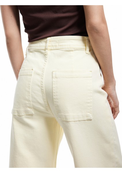 Cep Detaylı Düğmeli Pamuklu Crop Geniş Paça Denim Pantolon - Culotte Jean modelleri