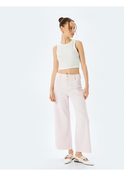 Cep Detaylı Düğmeli Pamuklu Crop Geniş Paça Denim Pantolon - Culotte Jean