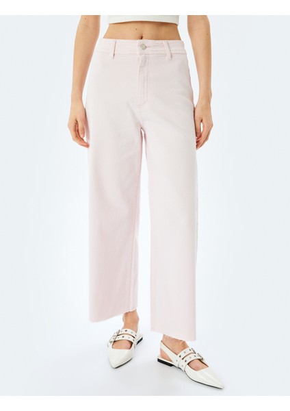 Cep Detaylı Düğmeli Pamuklu Crop Geniş Paça Denim Pantolon - Culotte Jean modelleri