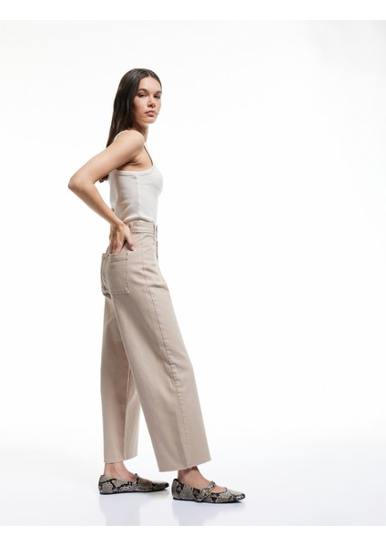 Cep Detaylı Düğmeli Pamuklu Crop Geniş Paça Denim Pantolon - Culotte Jean