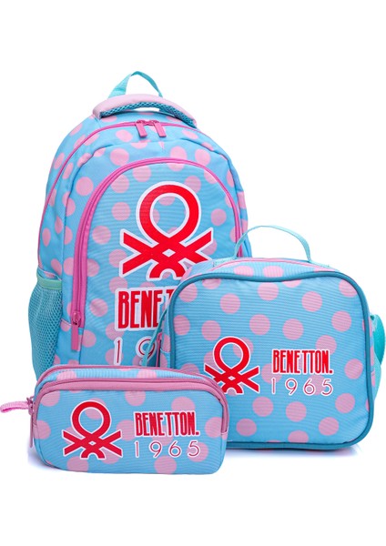 Benetton 13014'3'LÜ Çift Gözlü Puantiye Desenli Kız Çocuk Okul Çantası Seti
