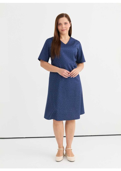 V Yaka Taşlı Indigo Standart Kadın Elbise 25YSL7591