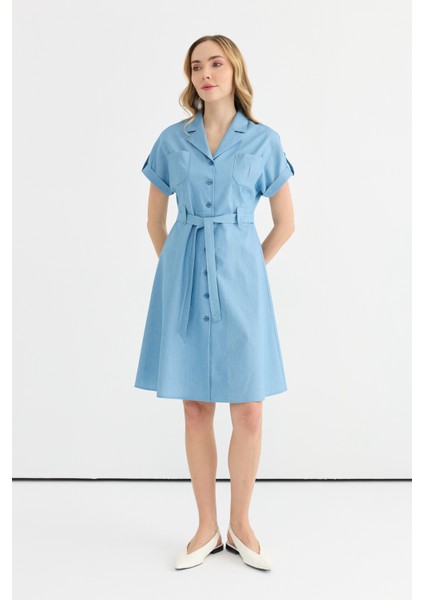 Erkek Yaka Düz Mavi Standart Kadın Elbise 25YSL7642