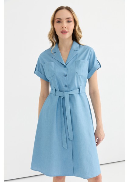 Erkek Yaka Düz Mavi Standart Kadın Elbise 25YSL7642 fiyatları