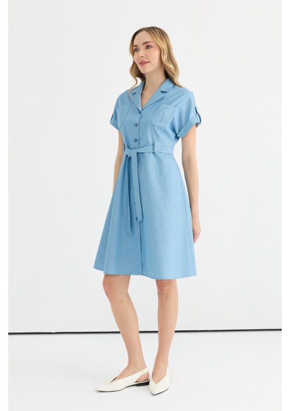 Erkek Yaka Düz Mavi Standart Kadın Elbise 25YSL7642 modelleri